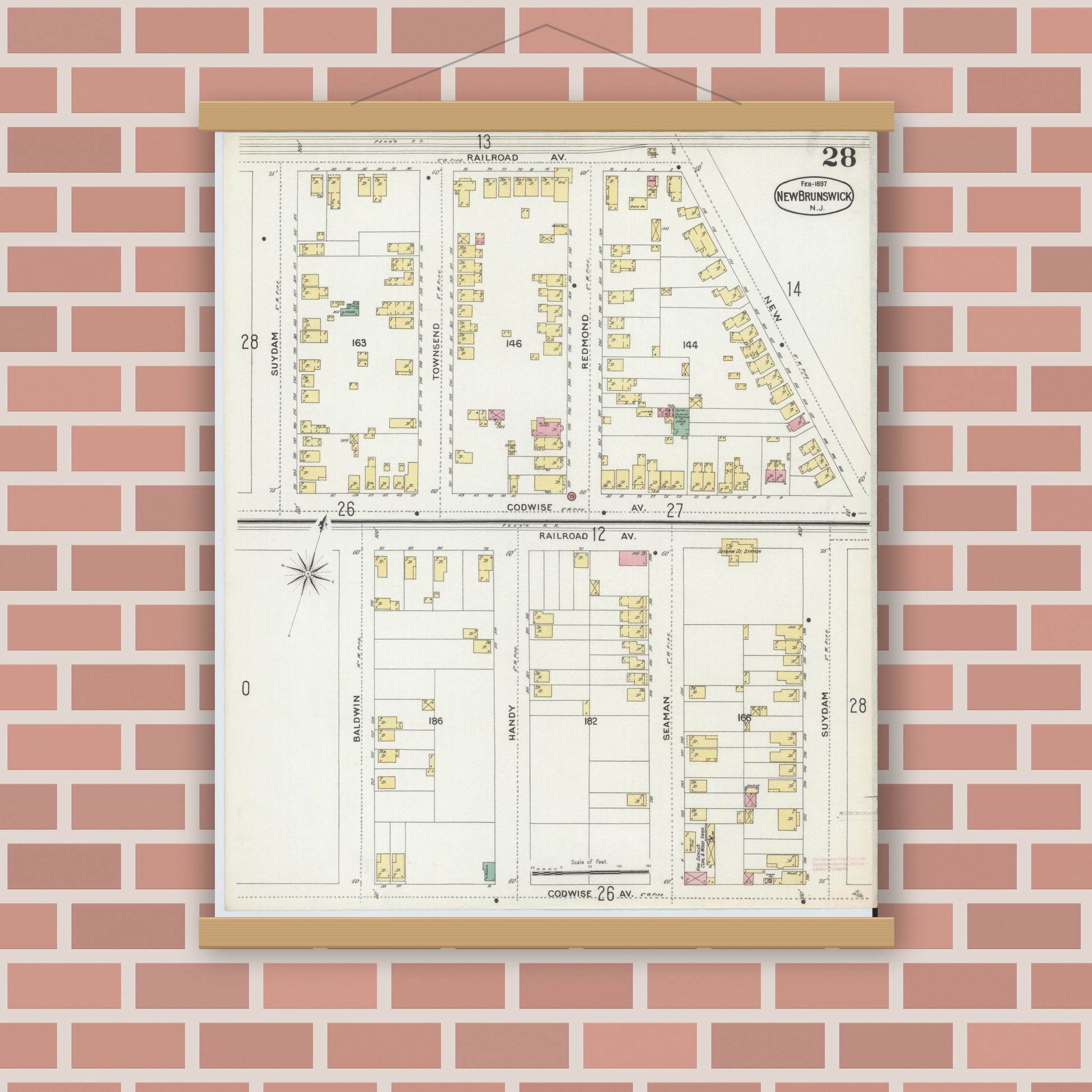 Old map wall art mockup — magnetic wood frame on brick wall — Sanborn Fire Insurance Map from New Brunswick, Middlesex County, New Jersey (1897), Sheet #0028