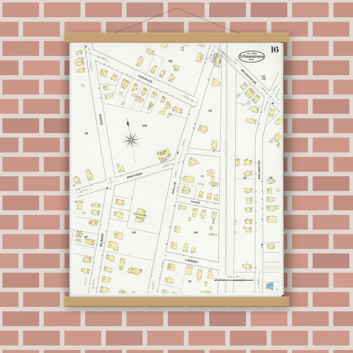 Old map wall art mockup — magnetic wood frame on brick wall — Sanborn Fire Insurance Map from South Farmington, Middlesex County, Massachusetts (1909), Sheet #0016