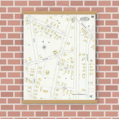 Old map wall art mockup — magnetic wood frame on brick wall — Sanborn Fire Insurance Map from South Farmington, Middlesex County, Massachusetts (1909), Sheet #0016