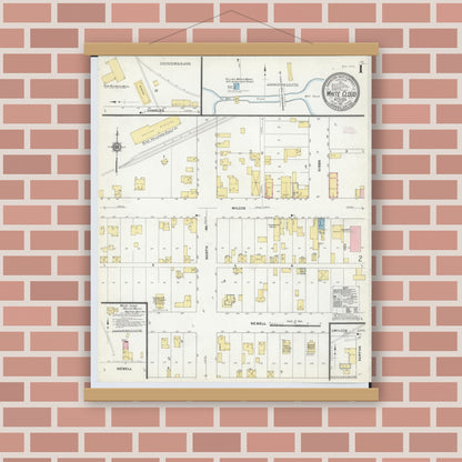 Old map wall art mockup — magnetic wood frame on brick wall — Sanborn Fire Insurance Map from White Cloud, Newaygo County, Michigan (1911) - Complete Map Set
