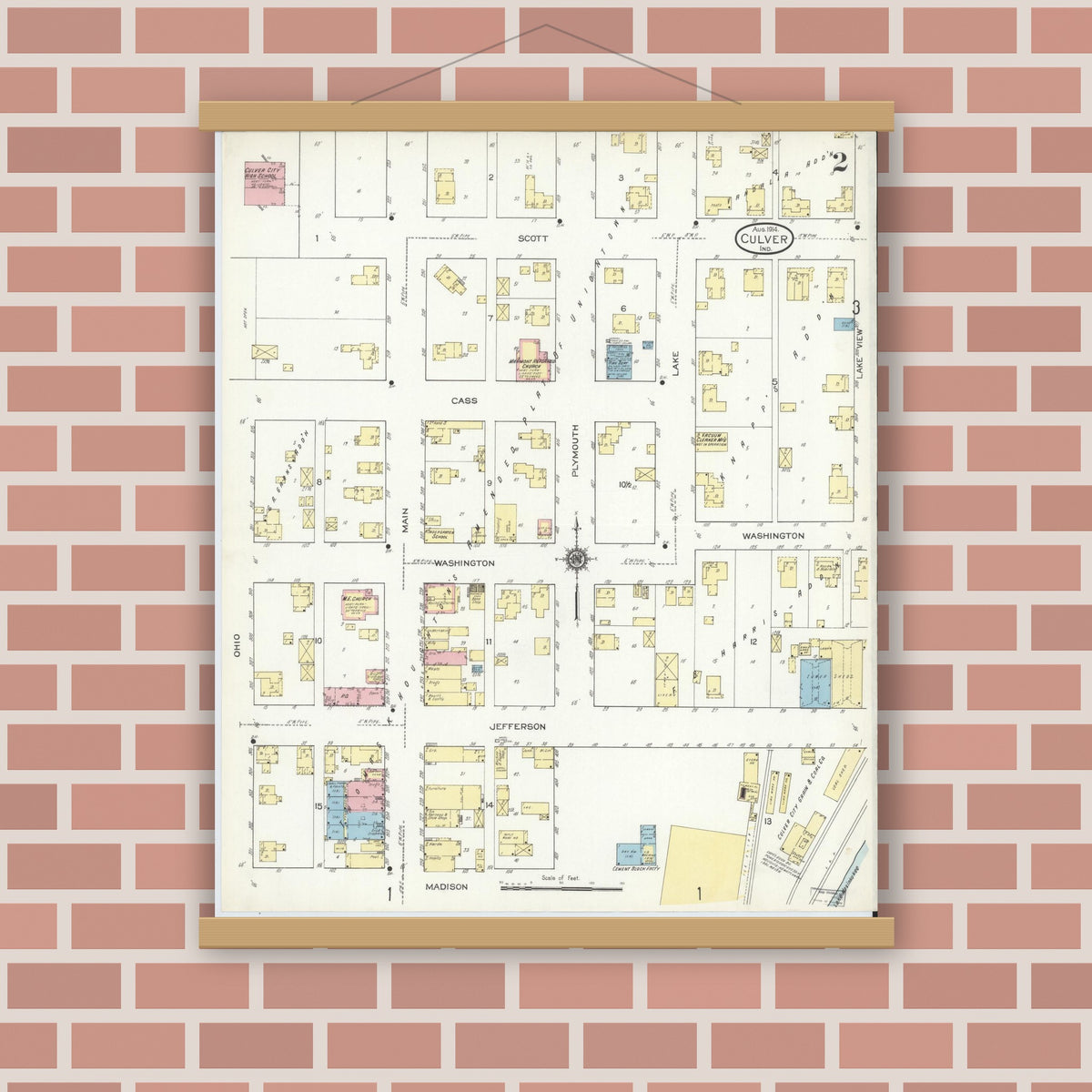 Old map wall art mockup — magnetic wood frame on brick wall — Sanborn Fire Insurance Map from Culver, Marshall County, Indiana (1914), Sheet #0002