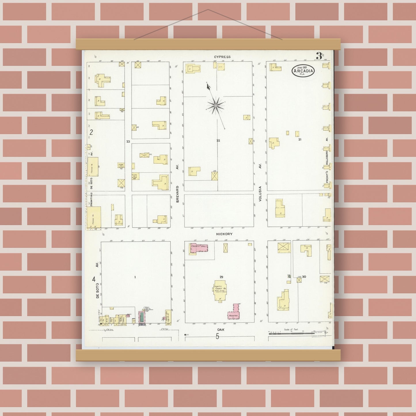 Old map wall art mockup — magnetic wood frame on brick wall — Sanborn Fire Insurance Map from Arcadia, DeSoto County, Florida (1909), Sheet #0003