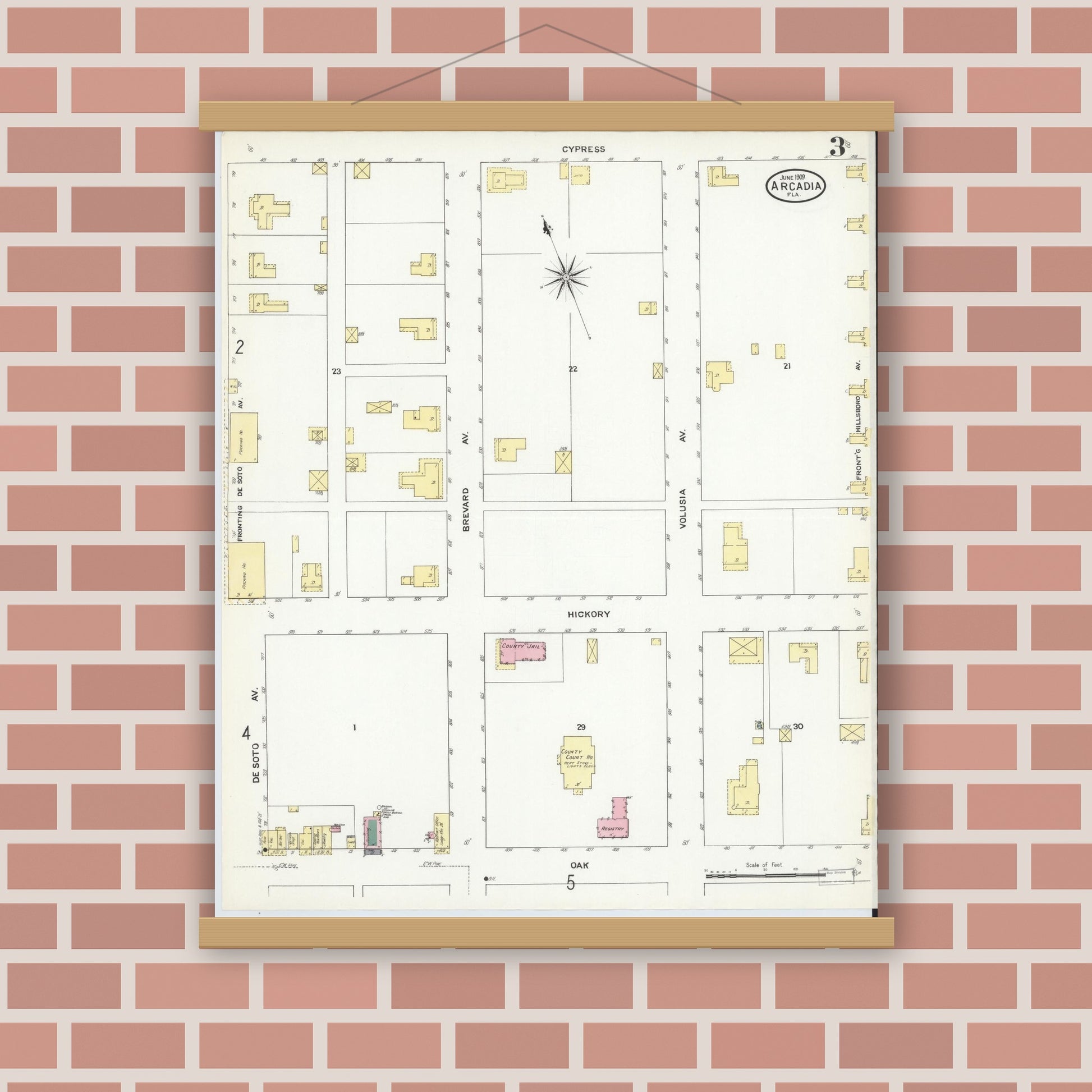 Old map wall art mockup — magnetic wood frame on brick wall — Sanborn Fire Insurance Map from Arcadia, DeSoto County, Florida (1909), Sheet #0003