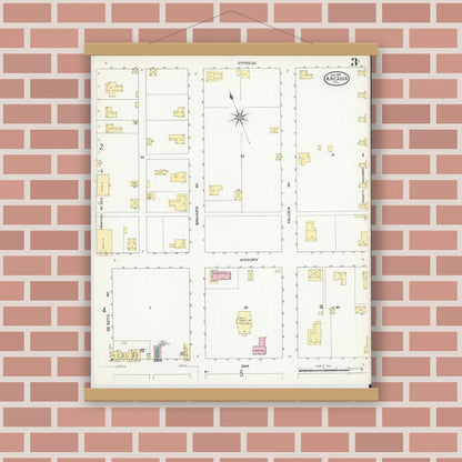 Old map wall art mockup — magnetic wood frame on brick wall — Sanborn Fire Insurance Map from Arcadia, DeSoto County, Florida (1909), Sheet #0003