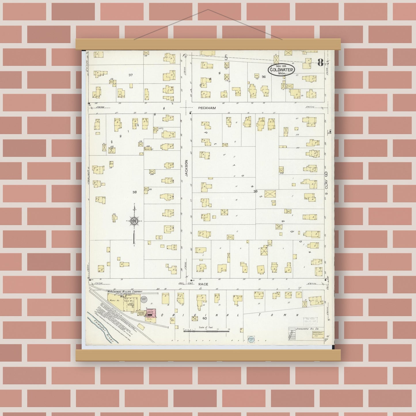 Old map wall art mockup — magnetic wood frame on brick wall — Sanborn Fire Insurance Map from Coldwater, Branch County, Michigan (1914), Sheet #0008