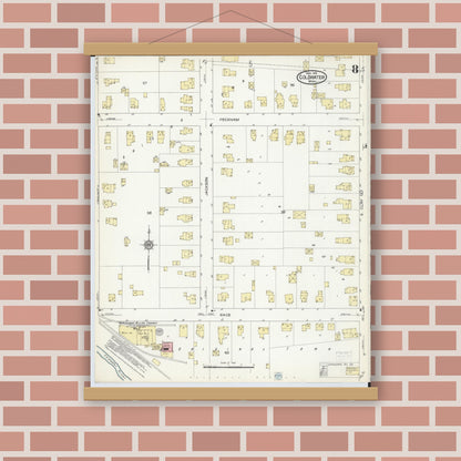 Old map wall art mockup — magnetic wood frame on brick wall — Sanborn Fire Insurance Map from Coldwater, Branch County, Michigan (1914), Sheet #0008