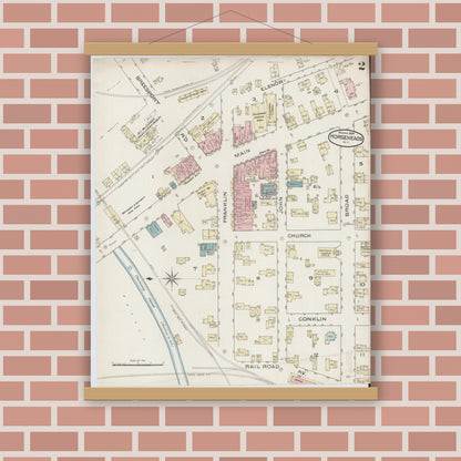 Old map wall art mockup — magnetic wood frame on brick wall — Sanborn Fire Insurance Map from Horseheads, Chemung County, New York (1886), Sheet #0002