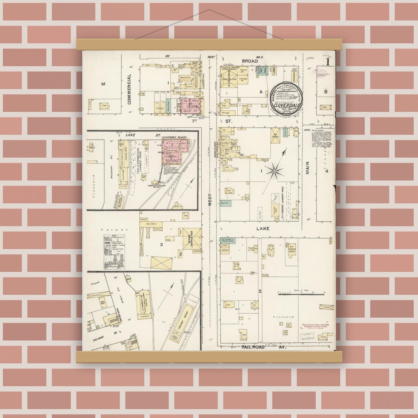 Old map wall art mockup — magnetic wood frame on brick wall — Sanborn Fire Insurance Map from Cloverdale, Sonoma County, California (1888) - Complete Map Set