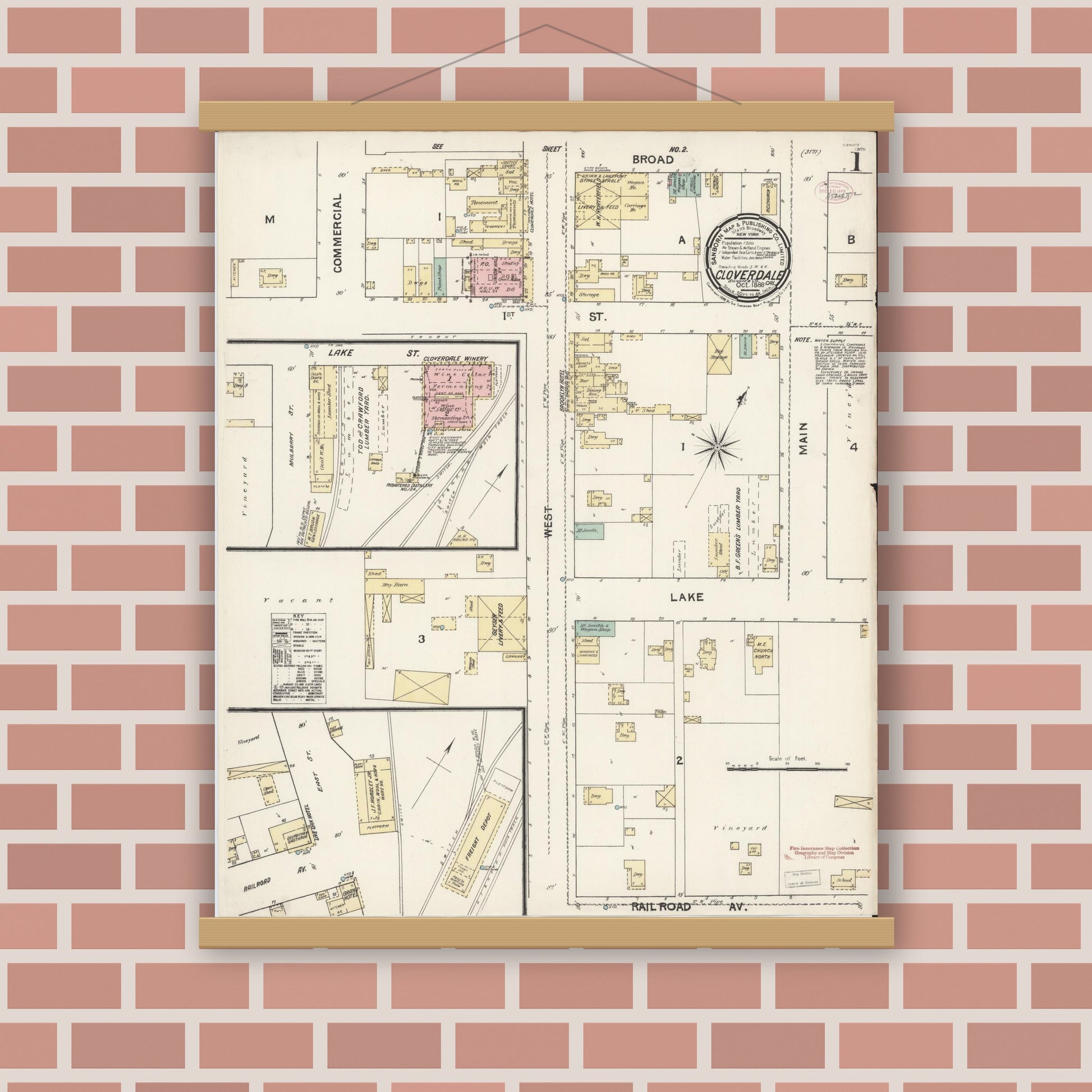Old map wall art mockup — magnetic wood frame on brick wall — Sanborn Fire Insurance Map from Cloverdale, Sonoma County, California (1888) - Complete Map Set