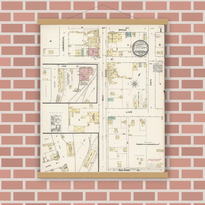 Old map wall art mockup — magnetic wood frame on brick wall — Sanborn Fire Insurance Map from Cloverdale, Sonoma County, California (1888) - Complete Map Set
