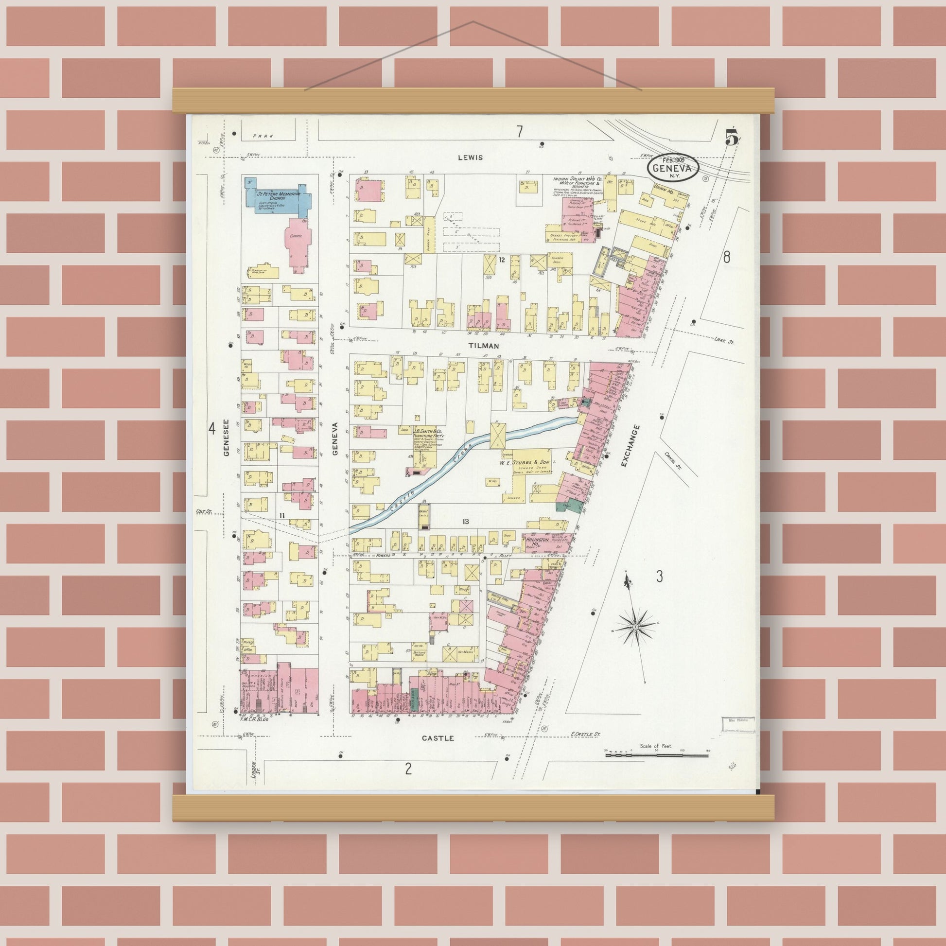 Old map wall art mockup — magnetic wood frame on brick wall — Sanborn Fire Insurance Map from Geneva, Ontario County, New York (1909), Sheet #0005