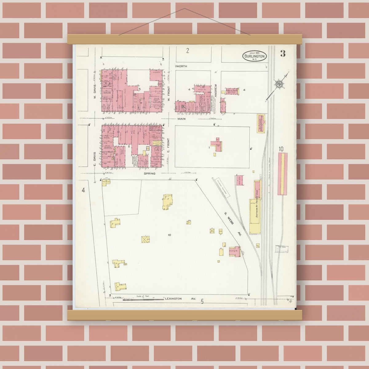 Old map wall art mockup — magnetic wood frame on brick wall — Sanborn Fire Insurance Map from Burlington, Alamance County, North Carolina (1913), Sheet #0003