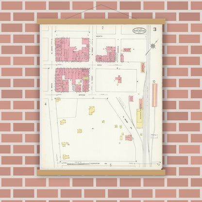 Old map wall art mockup — magnetic wood frame on brick wall — Sanborn Fire Insurance Map from Burlington, Alamance County, North Carolina (1913), Sheet #0003