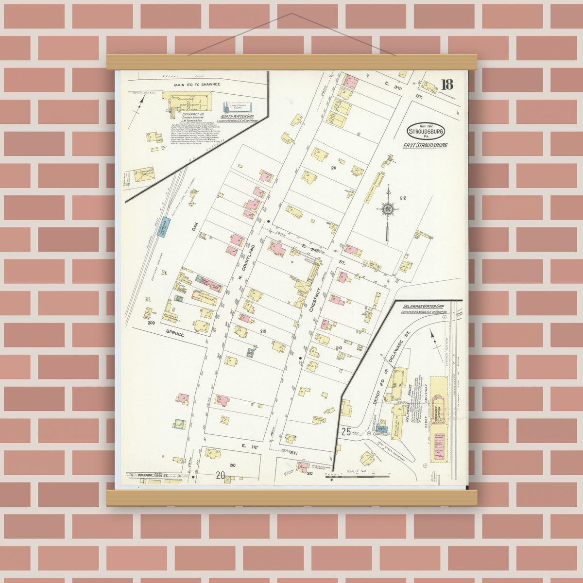 Old map wall art mockup — magnetic wood frame on brick wall — Sanborn Fire Insurance Map from Stroudsburg, Monroe County, Pennsylvania (1912), Sheet #0018