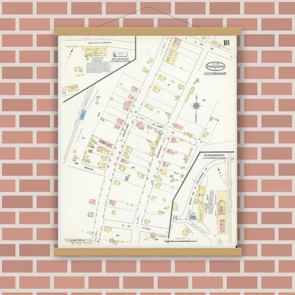 Old map wall art mockup — magnetic wood frame on brick wall — Sanborn Fire Insurance Map from Stroudsburg, Monroe County, Pennsylvania (1912), Sheet #0018