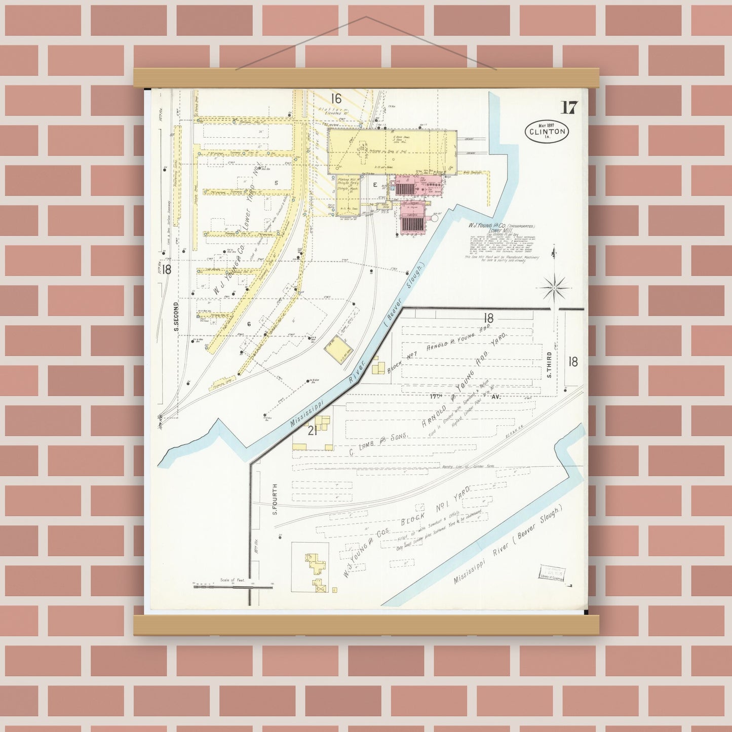 Old map wall art mockup — magnetic wood frame on brick wall — Sanborn Fire Insurance Map from Clinton, Clinton County, Iowa (1897), Sheet #0017