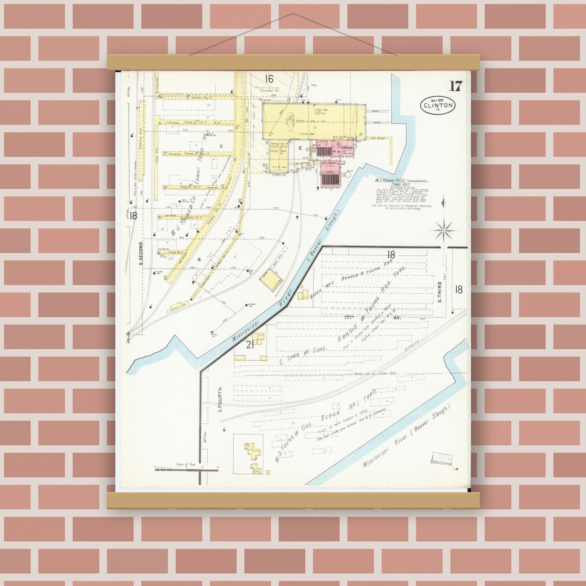 Old map wall art mockup — magnetic wood frame on brick wall — Sanborn Fire Insurance Map from Clinton, Clinton County, Iowa (1897), Sheet #0017