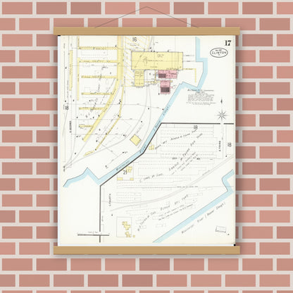 Old map wall art mockup — magnetic wood frame on brick wall — Sanborn Fire Insurance Map from Clinton, Clinton County, Iowa (1897), Sheet #0017