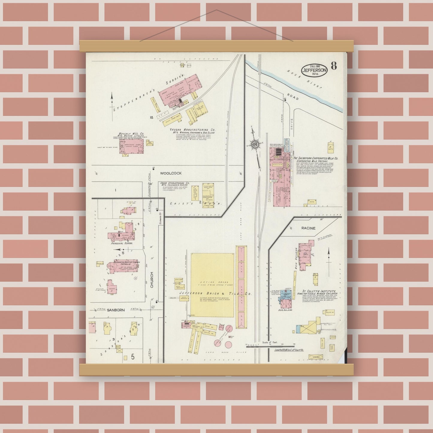 Old map wall art mockup — magnetic wood frame on brick wall — Sanborn Fire Insurance Map from Jefferson, Jefferson County, Wisconsin (1914), Sheet #0008