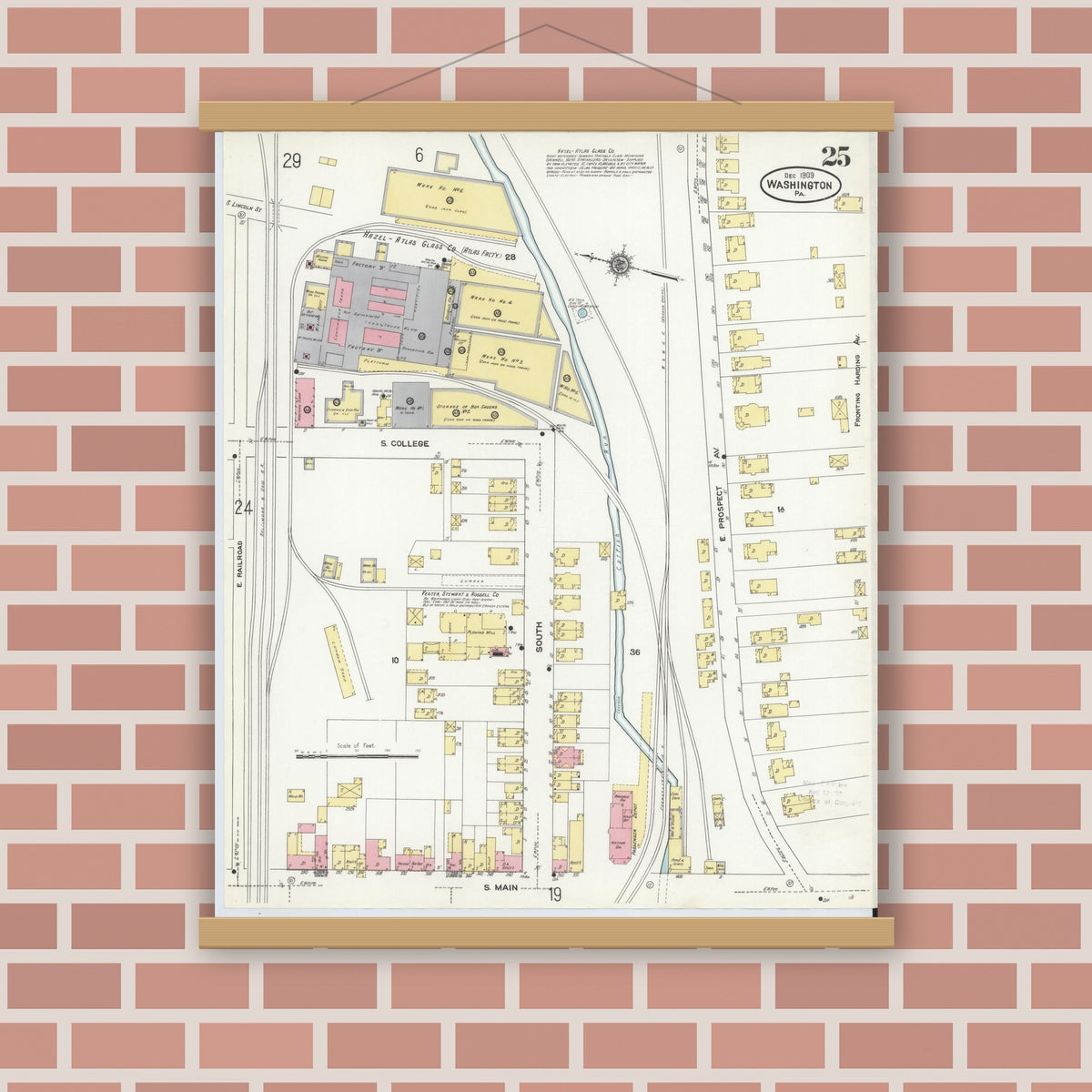 Old map wall art mockup — magnetic wood frame on brick wall — Sanborn Fire Insurance Map from Washington, Washington County, Pennsylvania (1909), Sheet #0025