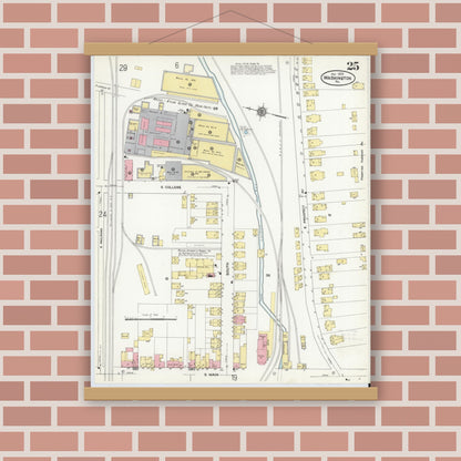 Old map wall art mockup — magnetic wood frame on brick wall — Sanborn Fire Insurance Map from Washington, Washington County, Pennsylvania (1909), Sheet #0025