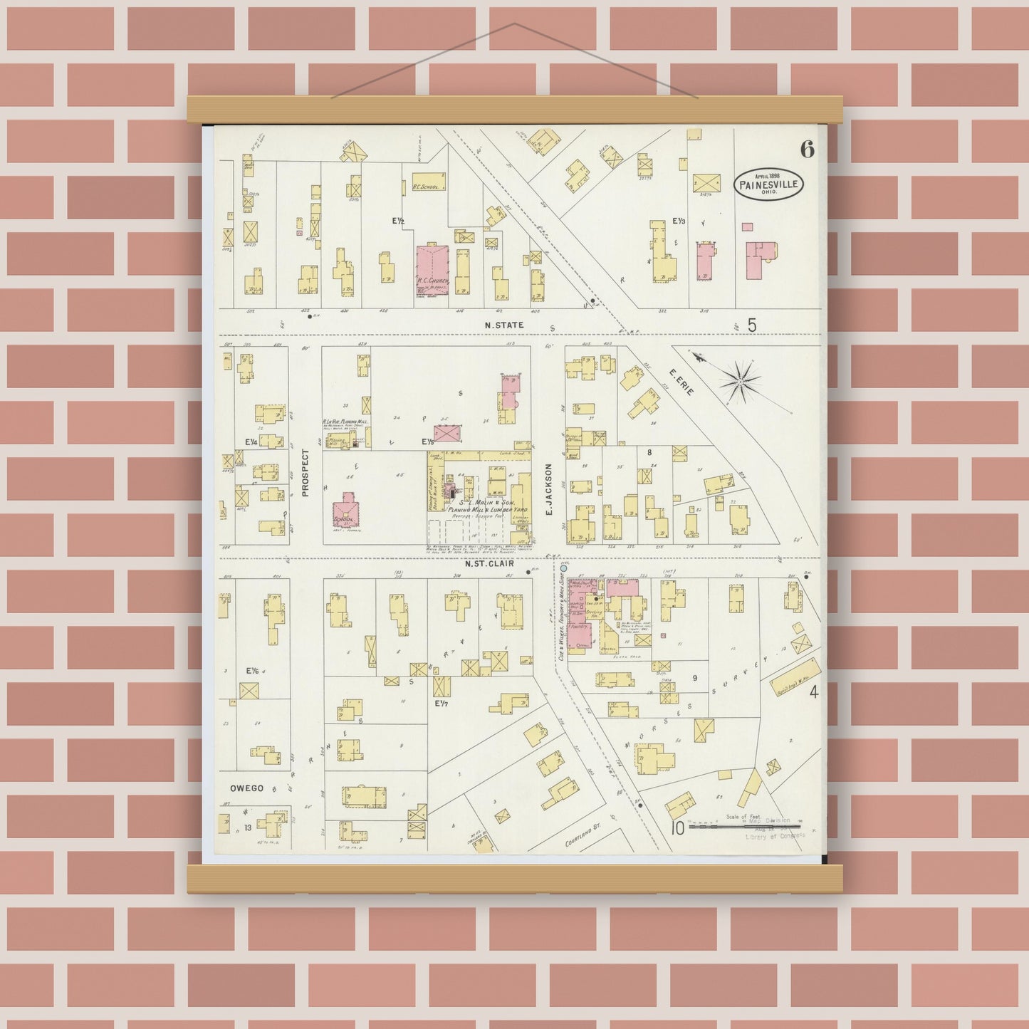 Old map wall art mockup — magnetic wood frame on brick wall — Sanborn Fire Insurance Map from Painesville, Lake County, Ohio (1898), Sheet #0006