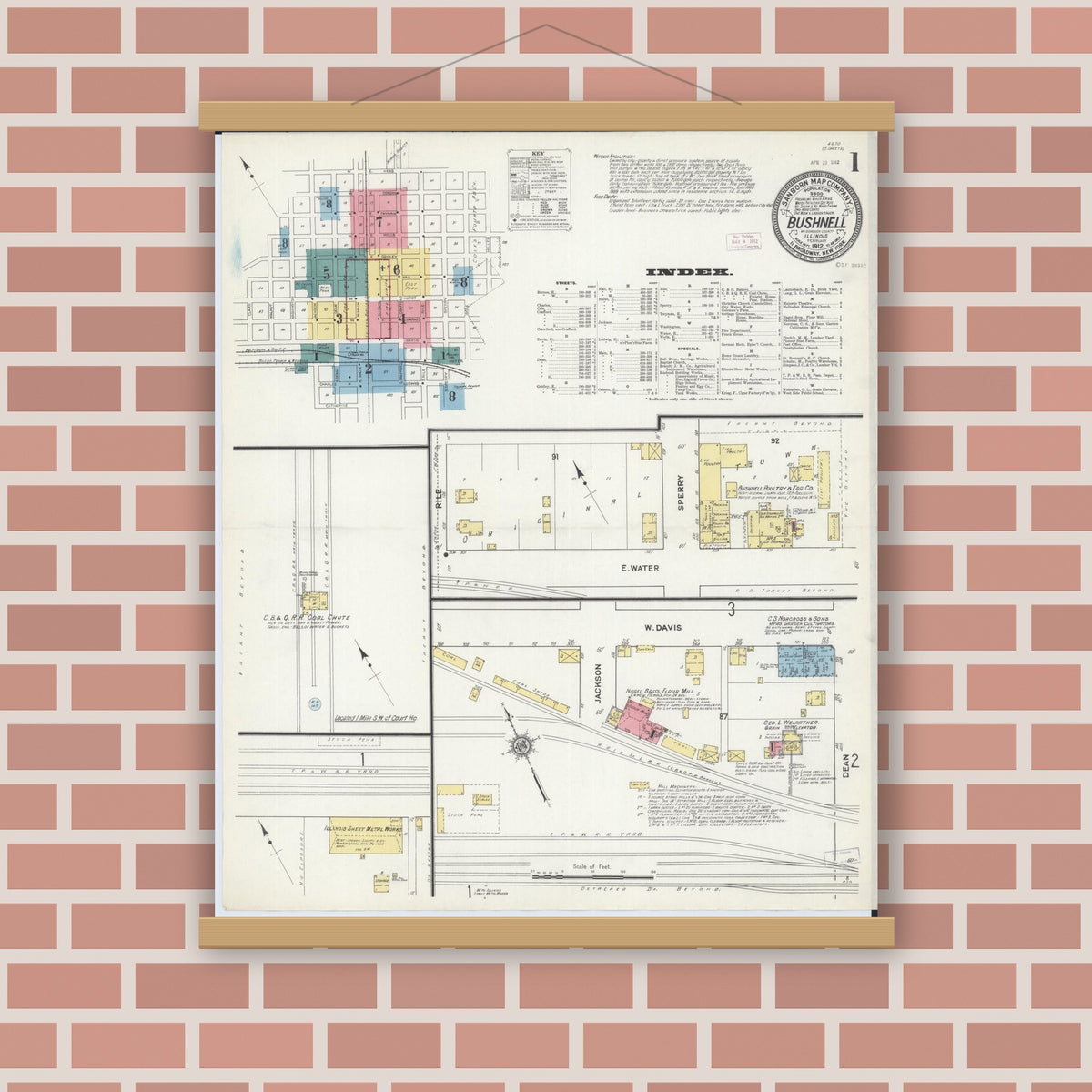 Old map wall art mockup — magnetic wood frame on brick wall — Sanborn Fire Insurance Map from Bushnell, Mcdonough County, Illinois (1912), Sheet #0001
