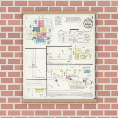 Old map wall art mockup — magnetic wood frame on brick wall — Sanborn Fire Insurance Map from Bushnell, Mcdonough County, Illinois (1912), Sheet #0001