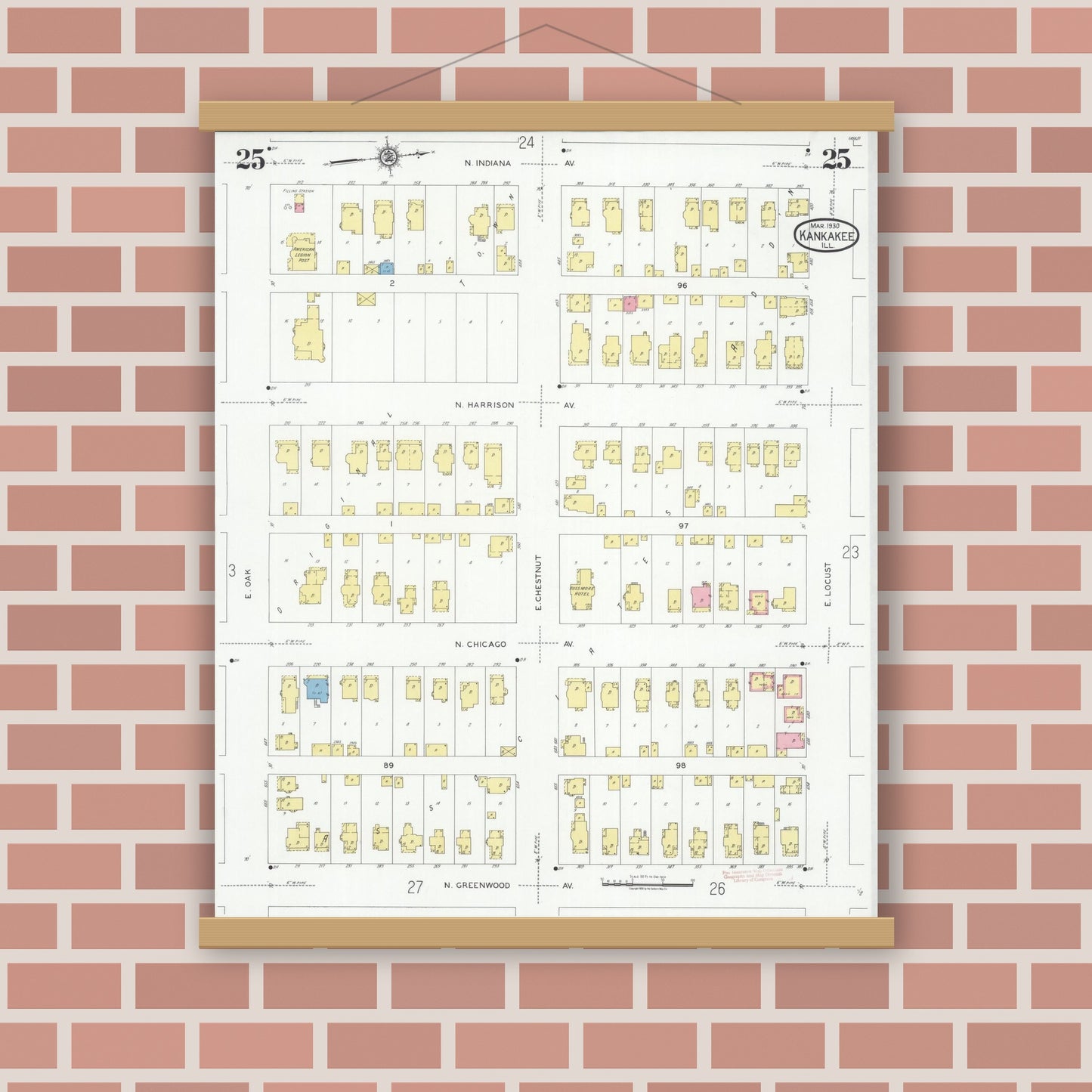 Old map wall art mockup — magnetic wood frame on brick wall — Sanborn Fire Insurance Map from Kankakee, Kankakee County, Illinois (1930), Sheet #0025