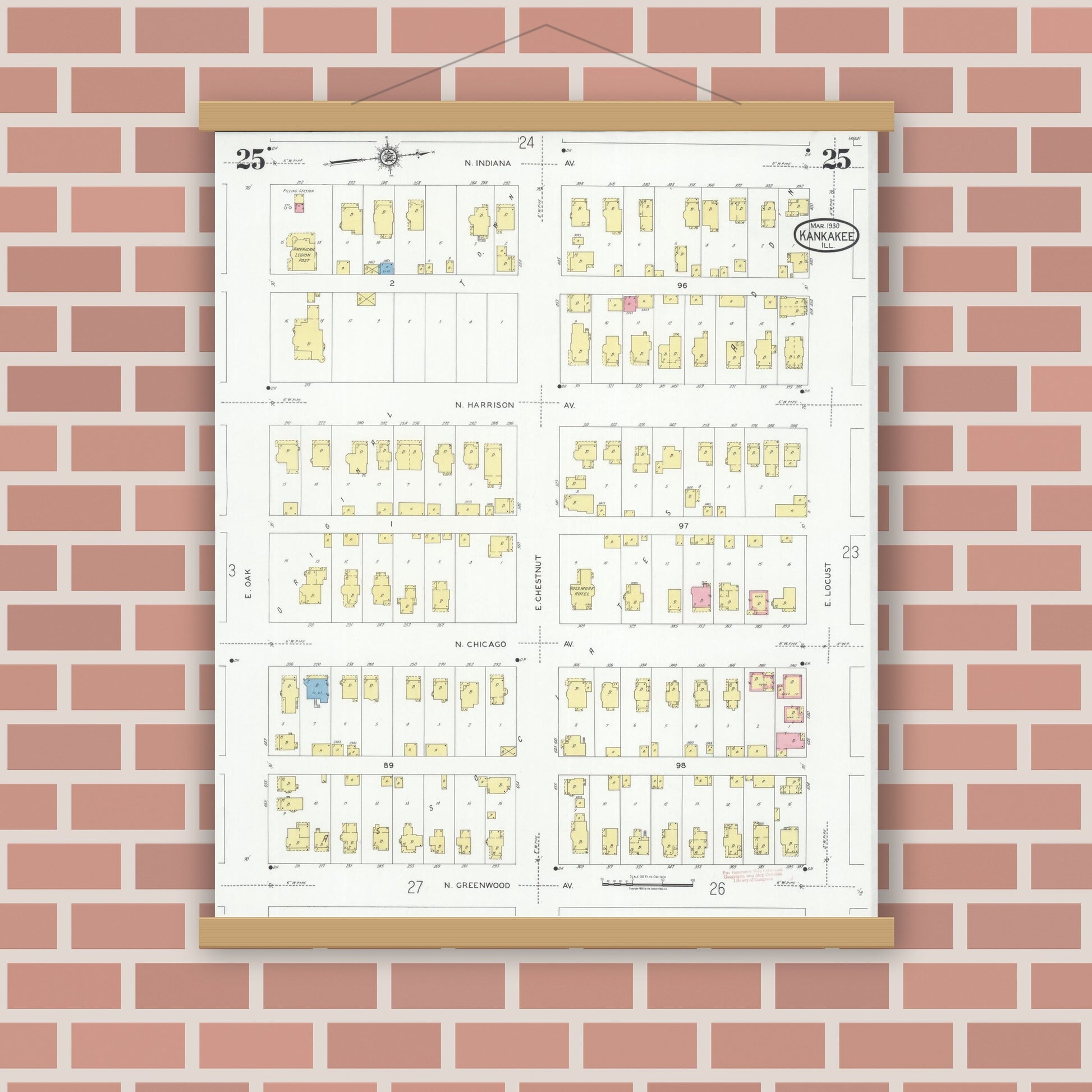 Old map wall art mockup — magnetic wood frame on brick wall — Sanborn Fire Insurance Map from Kankakee, Kankakee County, Illinois (1930), Sheet #0025