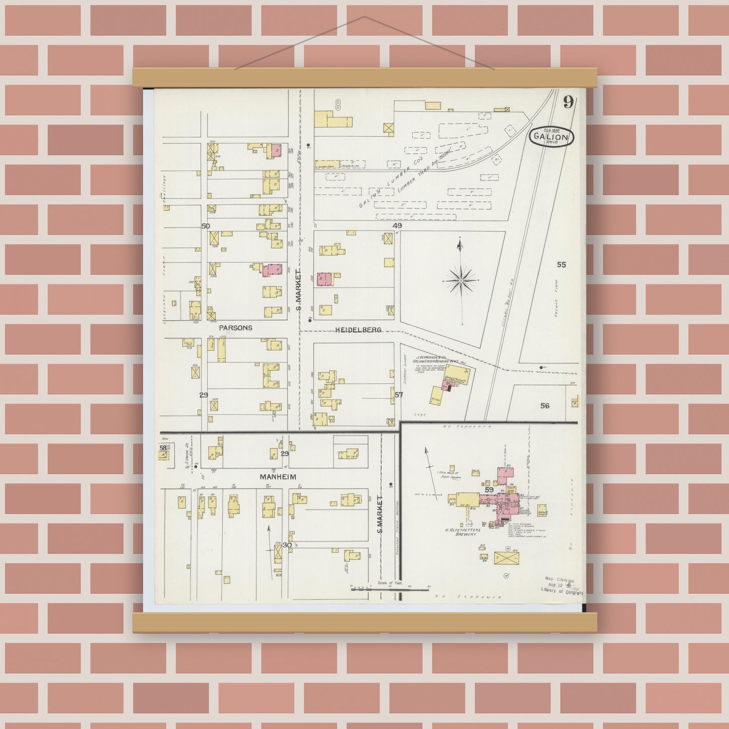 Old map wall art mockup — magnetic wood frame on brick wall — Sanborn Fire Insurance Map from Galion, Crawford County, Ohio (1892), Sheet #0009