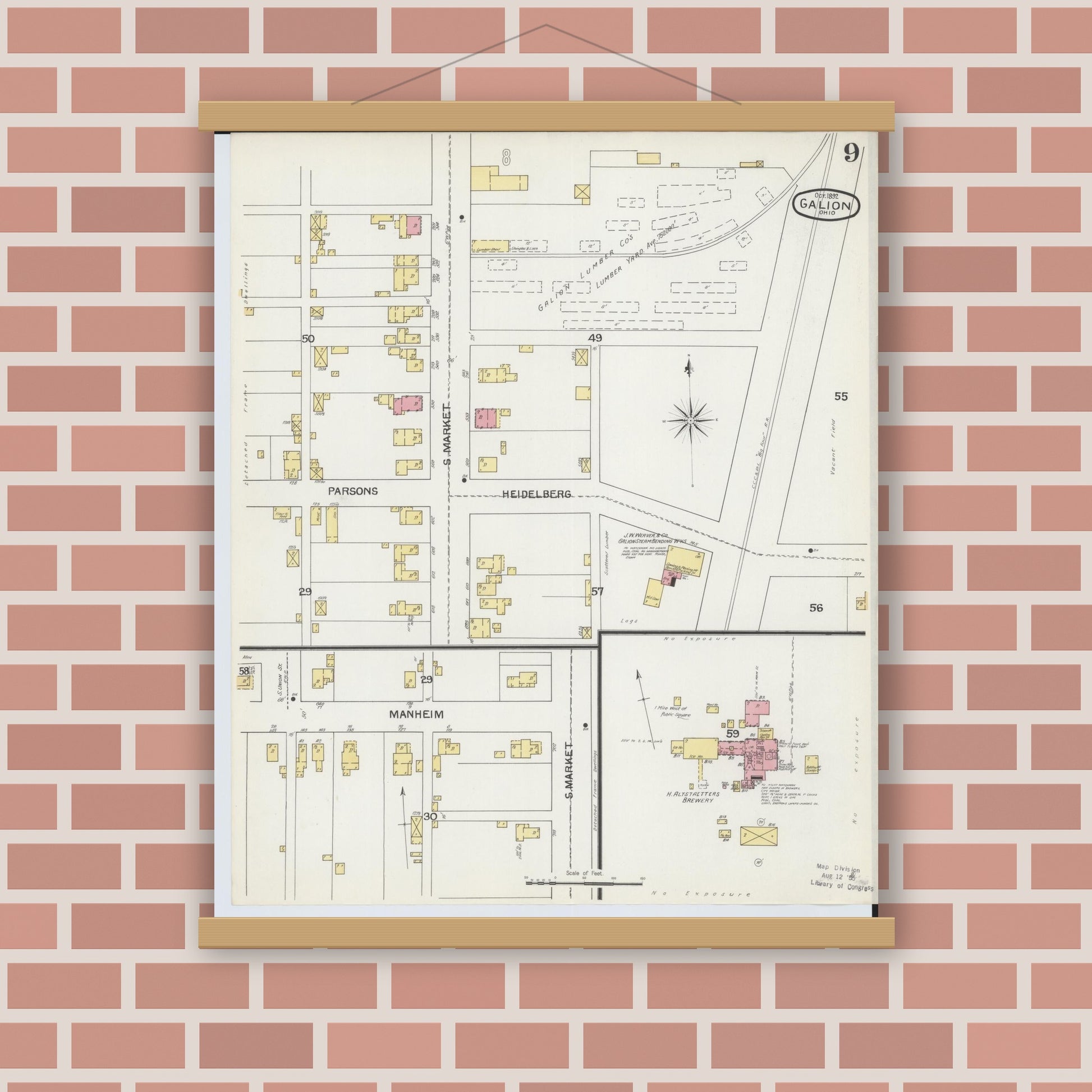Old map wall art mockup — magnetic wood frame on brick wall — Sanborn Fire Insurance Map from Galion, Crawford County, Ohio (1892), Sheet #0009