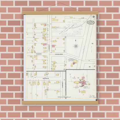 Old map wall art mockup — magnetic wood frame on brick wall — Sanborn Fire Insurance Map from Galion, Crawford County, Ohio (1892), Sheet #0009