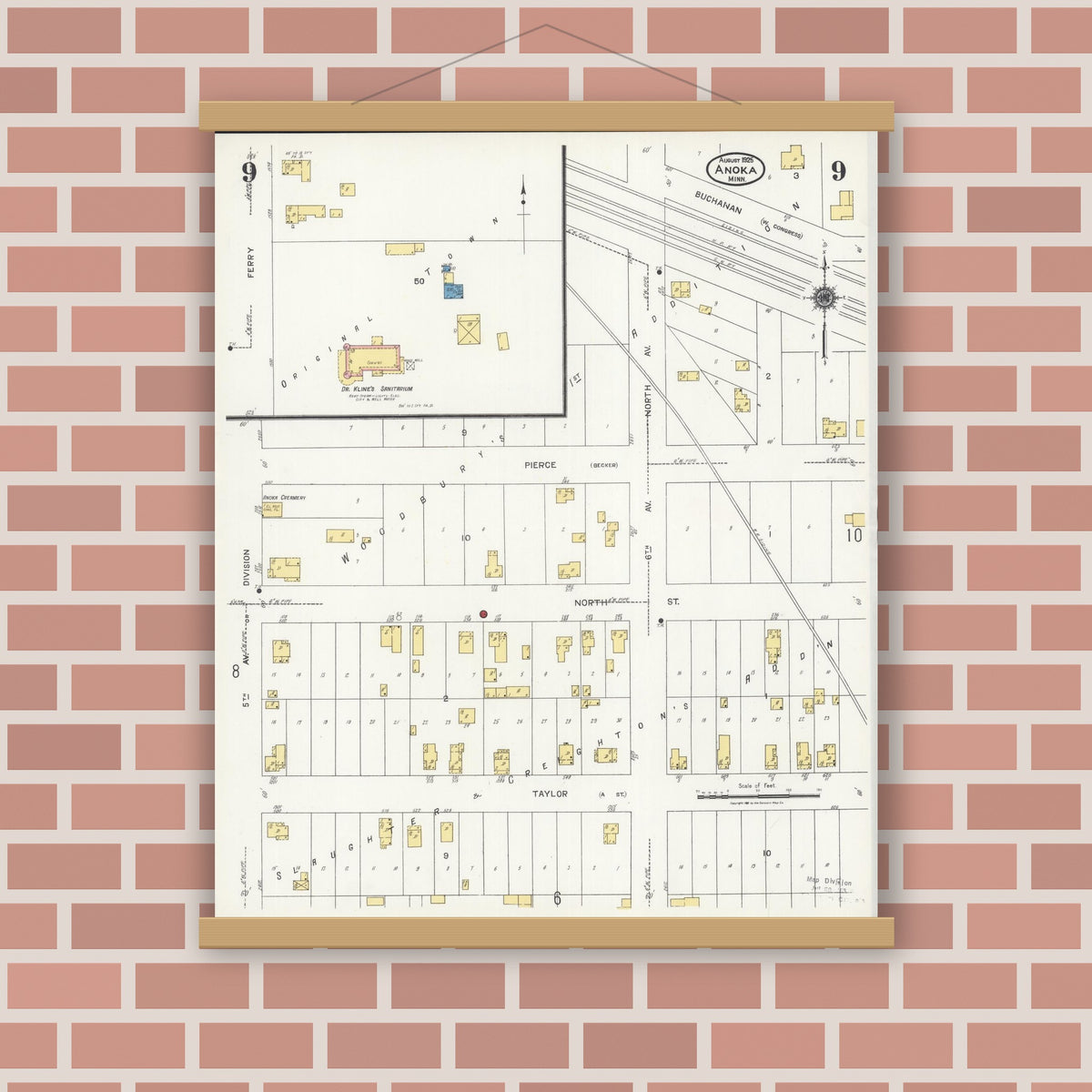 Old map wall art mockup — magnetic wood frame on brick wall — Sanborn Fire Insurance Map from Anoka, Anoka County, Minnesota (1925), Sheet #0009