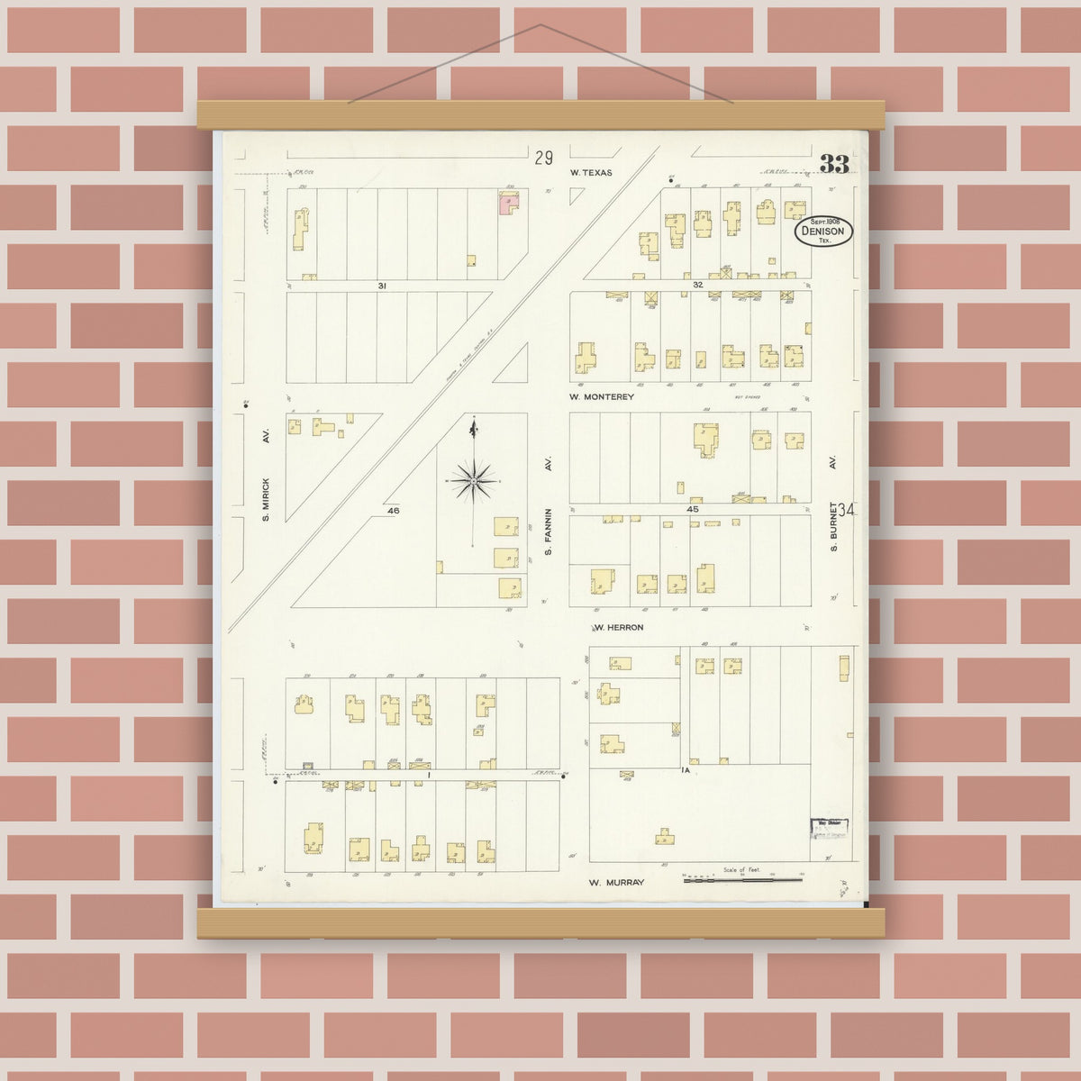 Old map wall art mockup — magnetic wood frame on brick wall — Sanborn Fire Insurance Map from Denison, Grayson County, Texas (1908), Sheet #0033