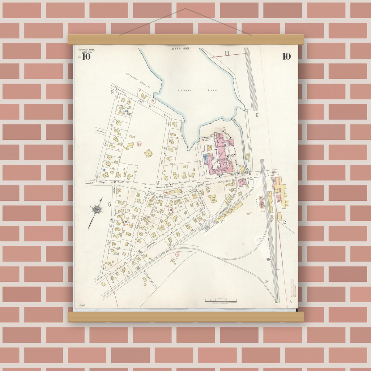 Old map wall art mockup — magnetic wood frame on brick wall — Sanborn Fire Insurance Map from Whitman, Plymouth County, Massachusetts (1950), Sheet #0010