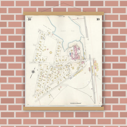 Old map wall art mockup — magnetic wood frame on brick wall — Sanborn Fire Insurance Map from Whitman, Plymouth County, Massachusetts (1950), Sheet #0010