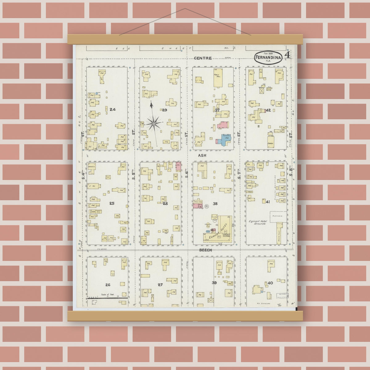 Old map wall art mockup — magnetic wood frame on brick wall — Sanborn Fire Insurance Map from Fernandina, Nassau County, Florida (1891), Sheet #0004