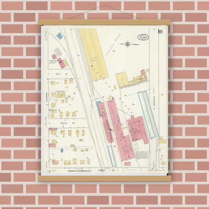Old map wall art mockup — magnetic wood frame on brick wall — Sanborn Fire Insurance Map from Alma, Gratiot County, Michigan (1917), Sheet #0010