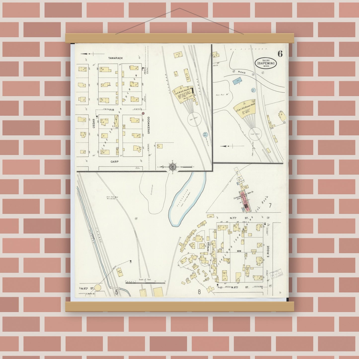 Old map wall art mockup — magnetic wood frame on brick wall — Sanborn Fire Insurance Map from Ishpeming, Marquette County, Michigan (1911), Sheet #0006