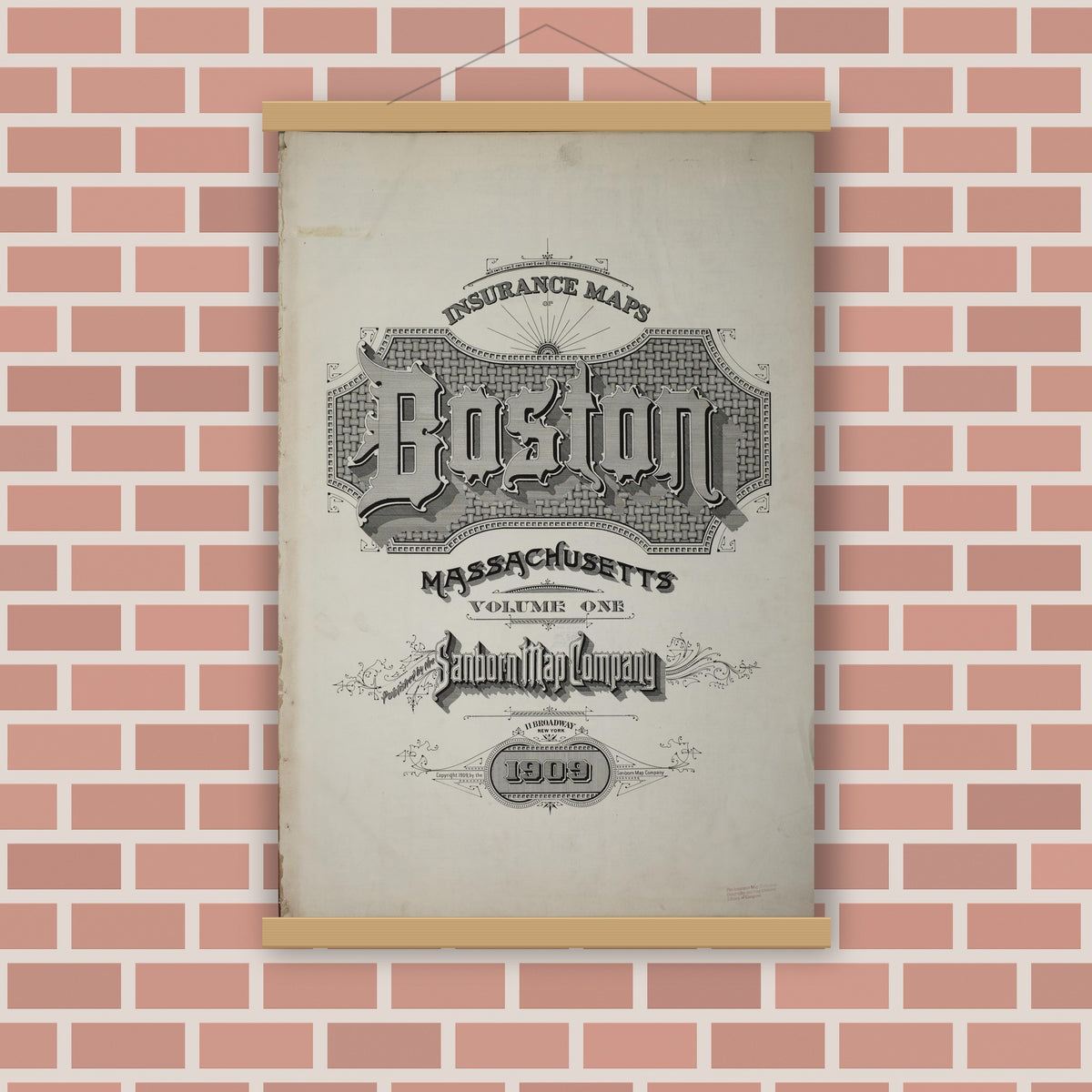 Old map wall art mockup — magnetic wood frame on brick wall — Sanborn Fire Insurance Map from Boston, Suffolk County, Massachusetts (1909), Sheet #0001