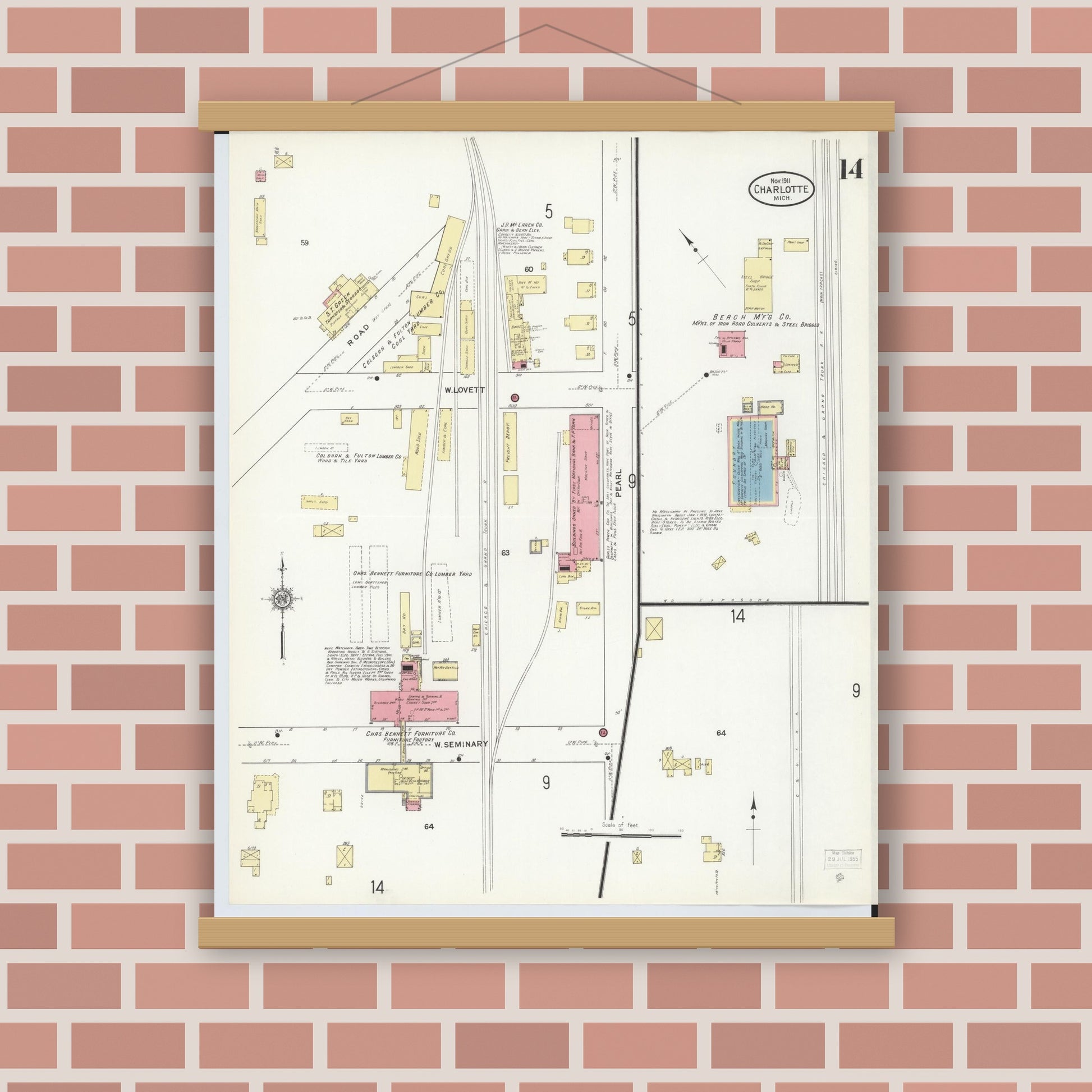 Old map wall art mockup — magnetic wood frame on brick wall — Sanborn Fire Insurance Map from Charlotte, Eaton County, Michigan (1911), Sheet #0014