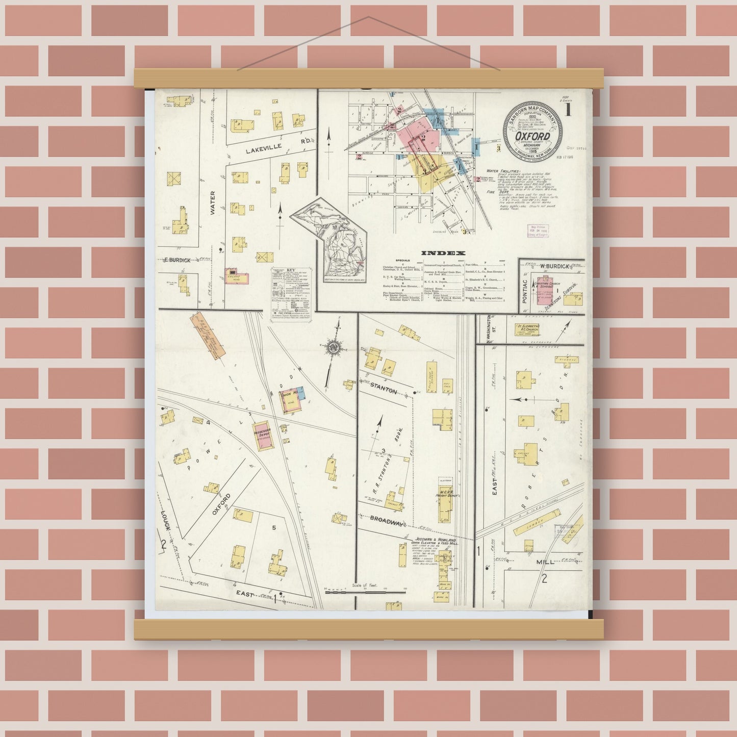 Old map wall art mockup — magnetic wood frame on brick wall — Sanborn Fire Insurance Map from Oxford, Oakland County, Michigan (1915) - Complete Map Set