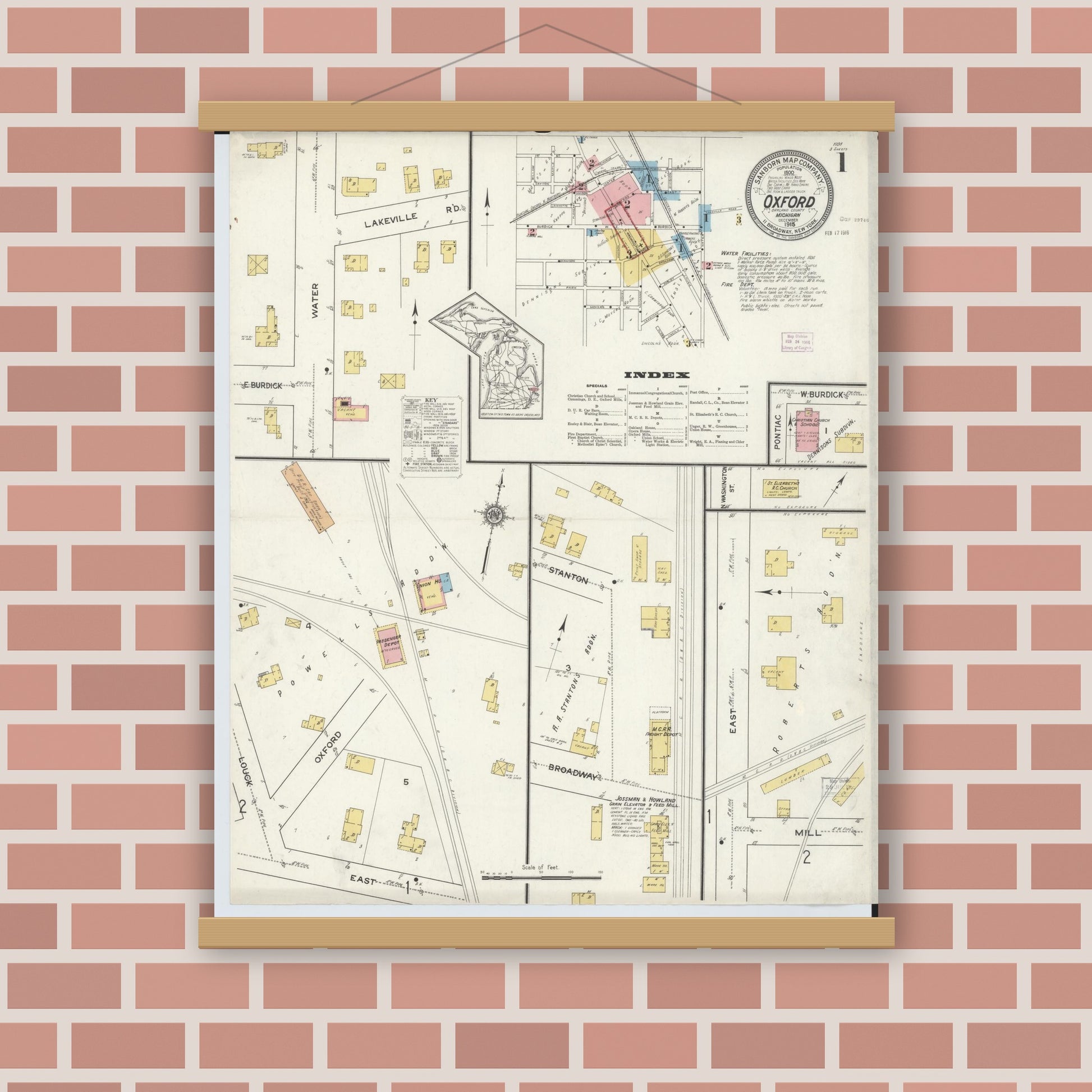 Old map wall art mockup — magnetic wood frame on brick wall — Sanborn Fire Insurance Map from Oxford, Oakland County, Michigan (1915) - Complete Map Set