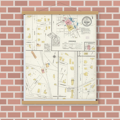 Old map wall art mockup — magnetic wood frame on brick wall — Sanborn Fire Insurance Map from Oxford, Oakland County, Michigan (1915) - Complete Map Set