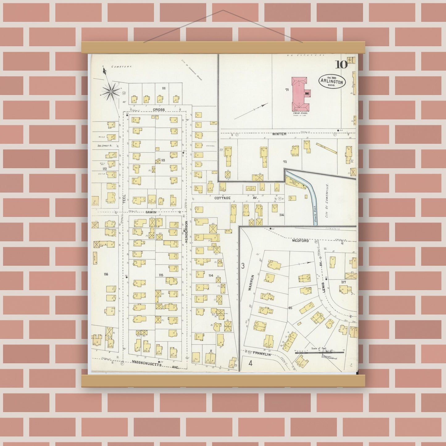 Old map wall art mockup — magnetic wood frame on brick wall — Sanborn Fire Insurance Map from Arlington, Middlesex County, Massachusetts (1903), Sheet #0010