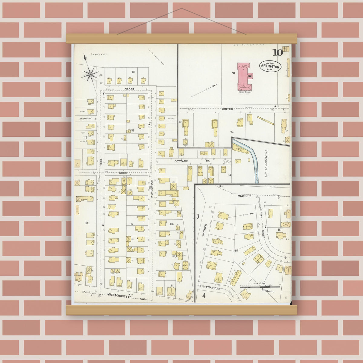 Old map wall art mockup — magnetic wood frame on brick wall — Sanborn Fire Insurance Map from Arlington, Middlesex County, Massachusetts (1903), Sheet #0010