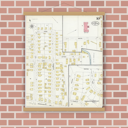 Old map wall art mockup — magnetic wood frame on brick wall — Sanborn Fire Insurance Map from Arlington, Middlesex County, Massachusetts (1903), Sheet #0010