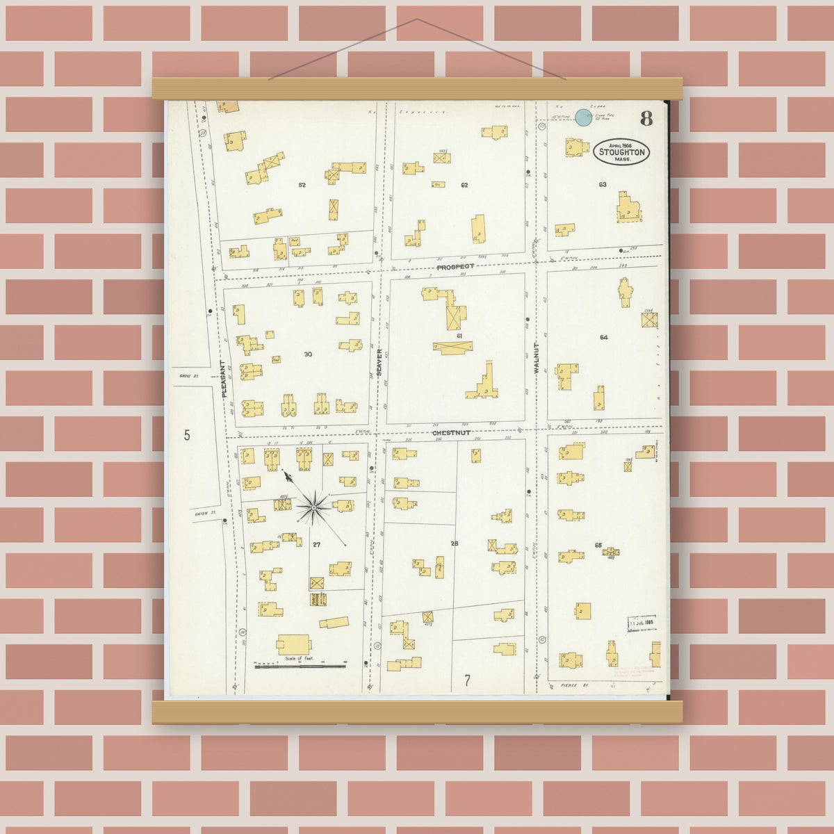 Old map wall art mockup — magnetic wood frame on brick wall — Sanborn Fire Insurance Map from Stoughton, Norfolk County, Massachusetts (1906), Sheet #0008