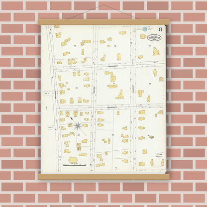 Old map wall art mockup — magnetic wood frame on brick wall — Sanborn Fire Insurance Map from Stoughton, Norfolk County, Massachusetts (1906), Sheet #0008
